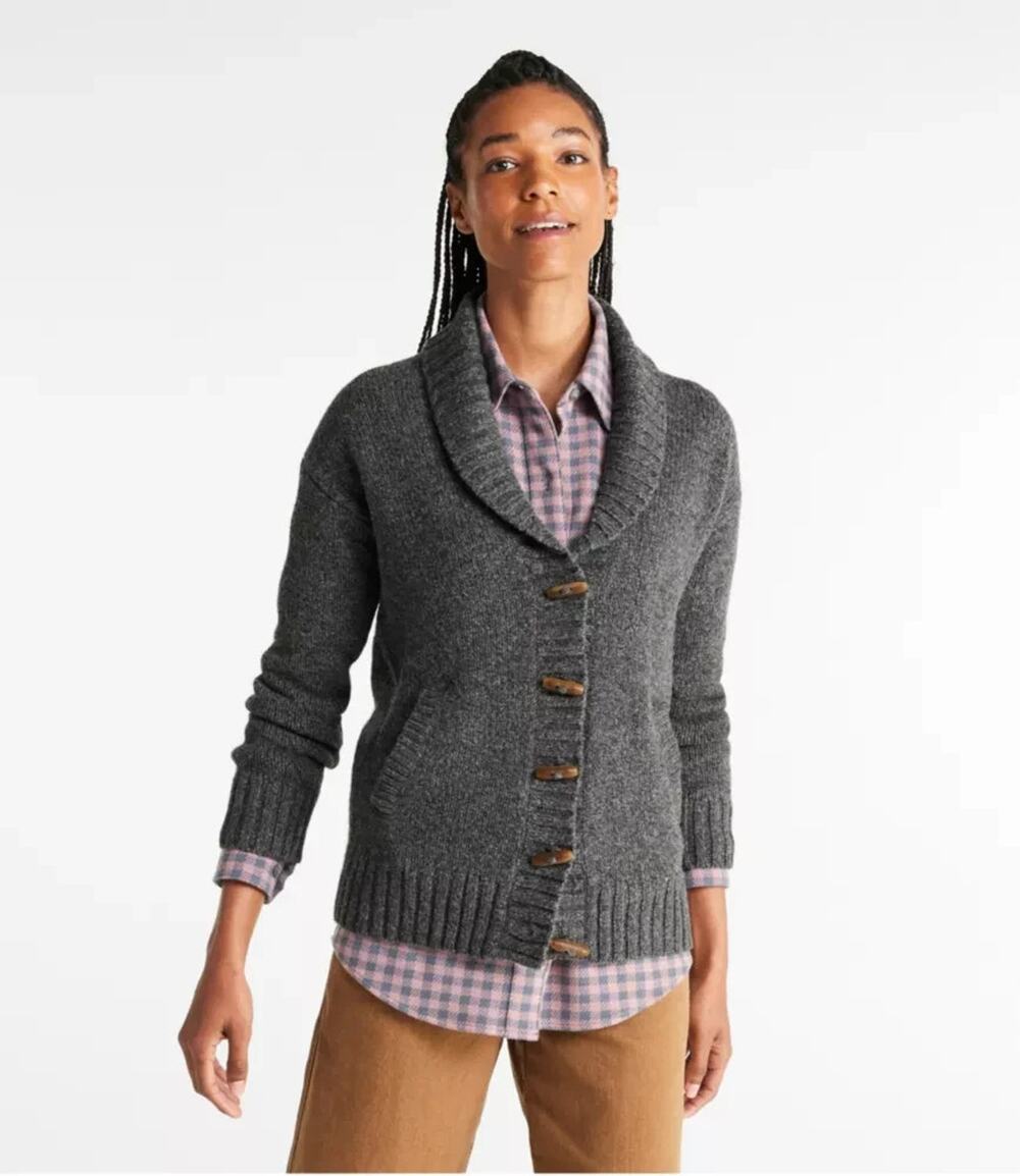 L.L.Bean Gray Lambswool Shawl Collar Cardigan Sweater Wooden Toggle Button Sz L